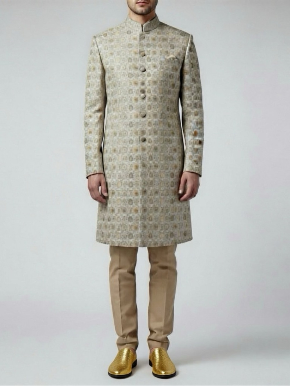 Embroidered Sherwani Coat in Light Gold and Beige